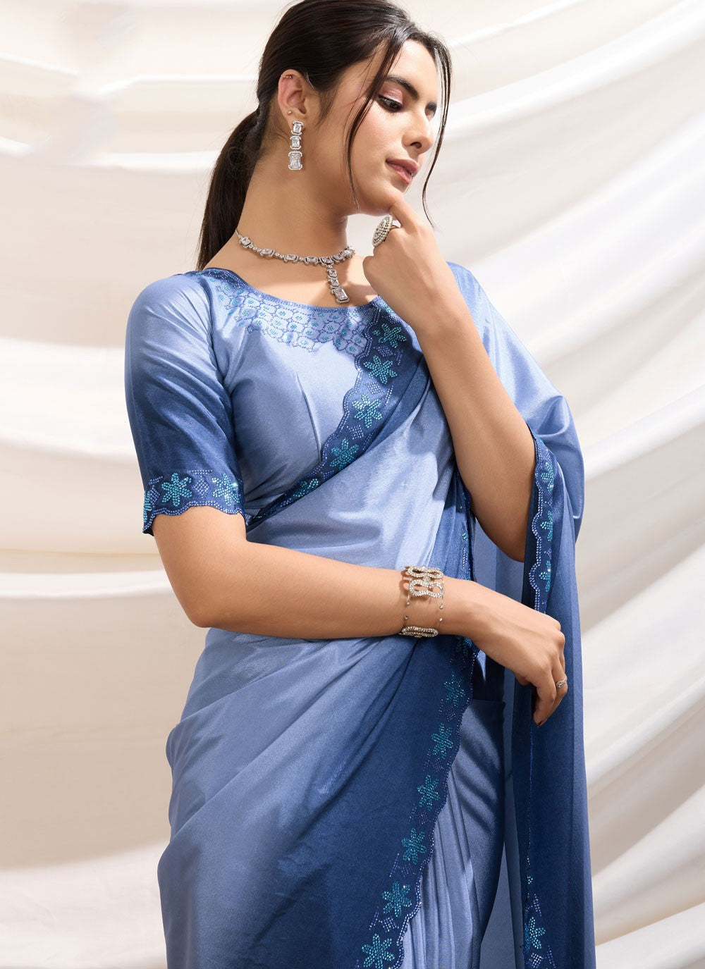 Cut Work Pure Crepe Blue Classic Saree S15168