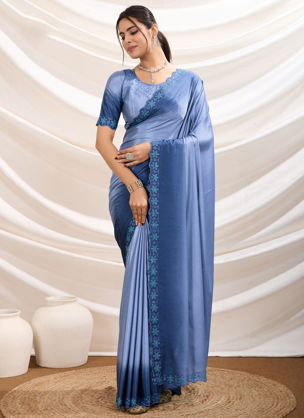 Cut Work Pure Crepe Blue Classic Saree S15168