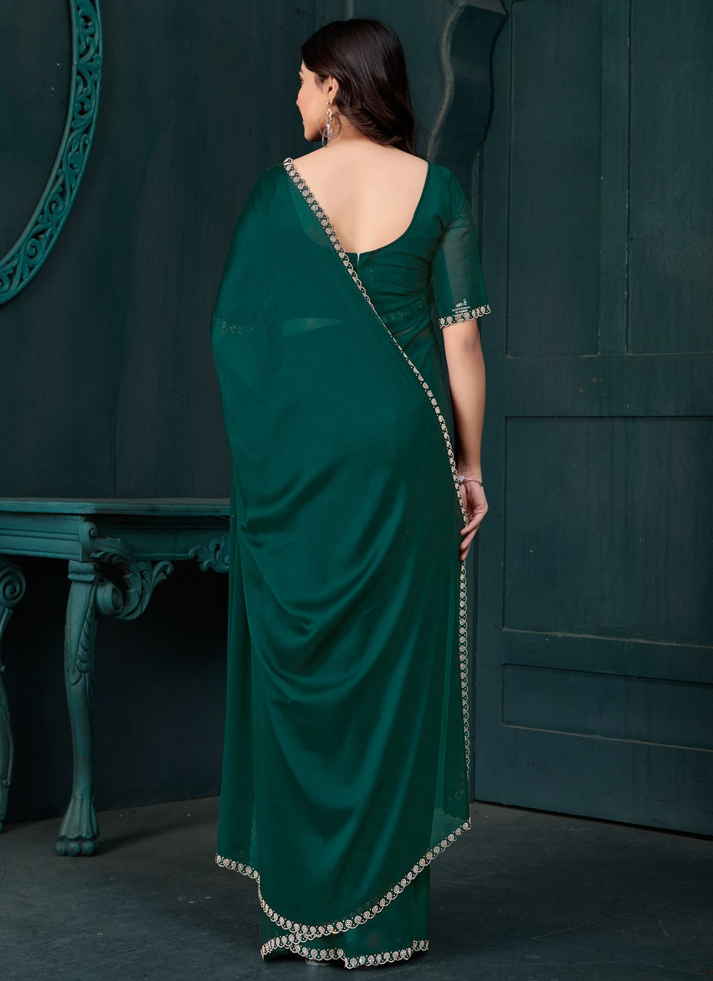 Swarovski Crepe Silk Green Classic Saree S14887