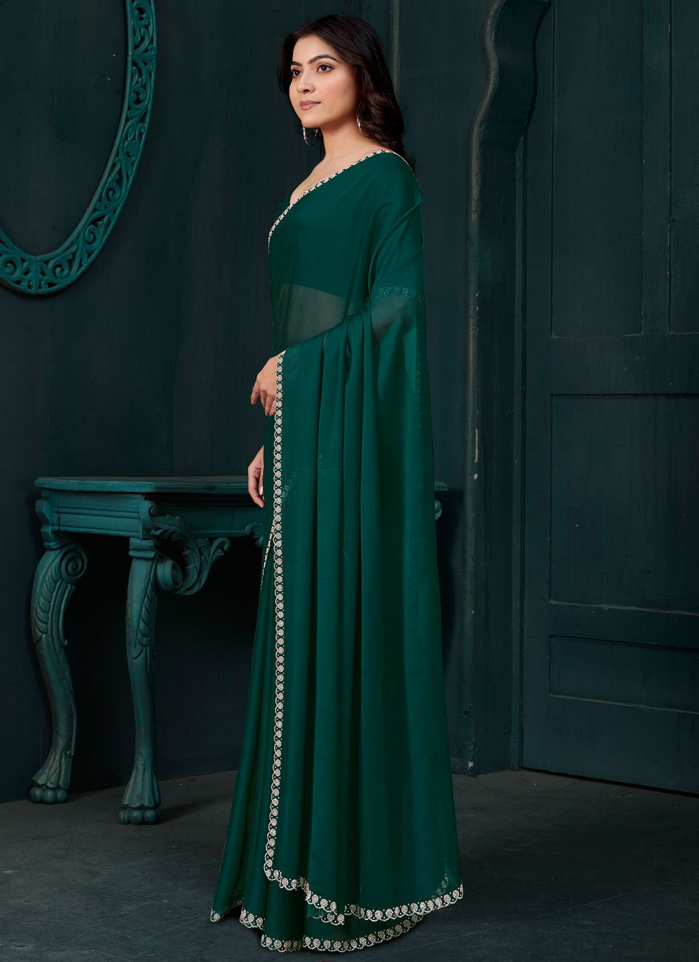 Swarovski Crepe Silk Green Classic Saree S14887