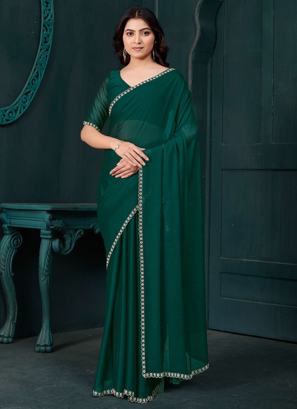 Swarovski Crepe Silk Green Classic Saree S14887
