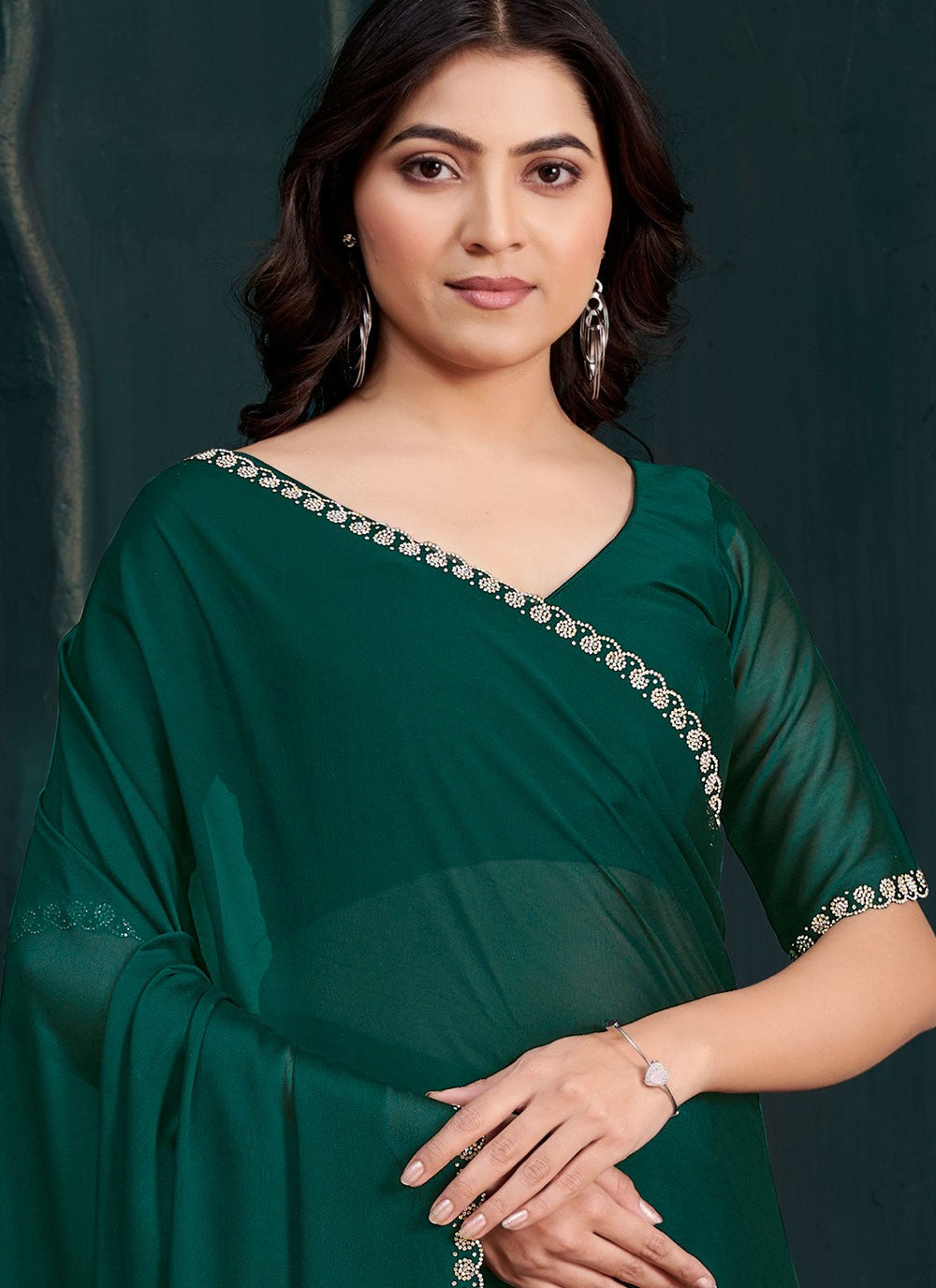 Swarovski Crepe Silk Green Classic Saree S14887