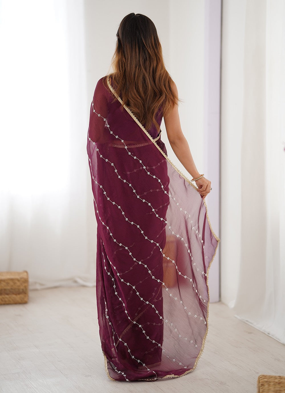 Wine Chiffon Classic Saree Beads, Lace, Moti S16285