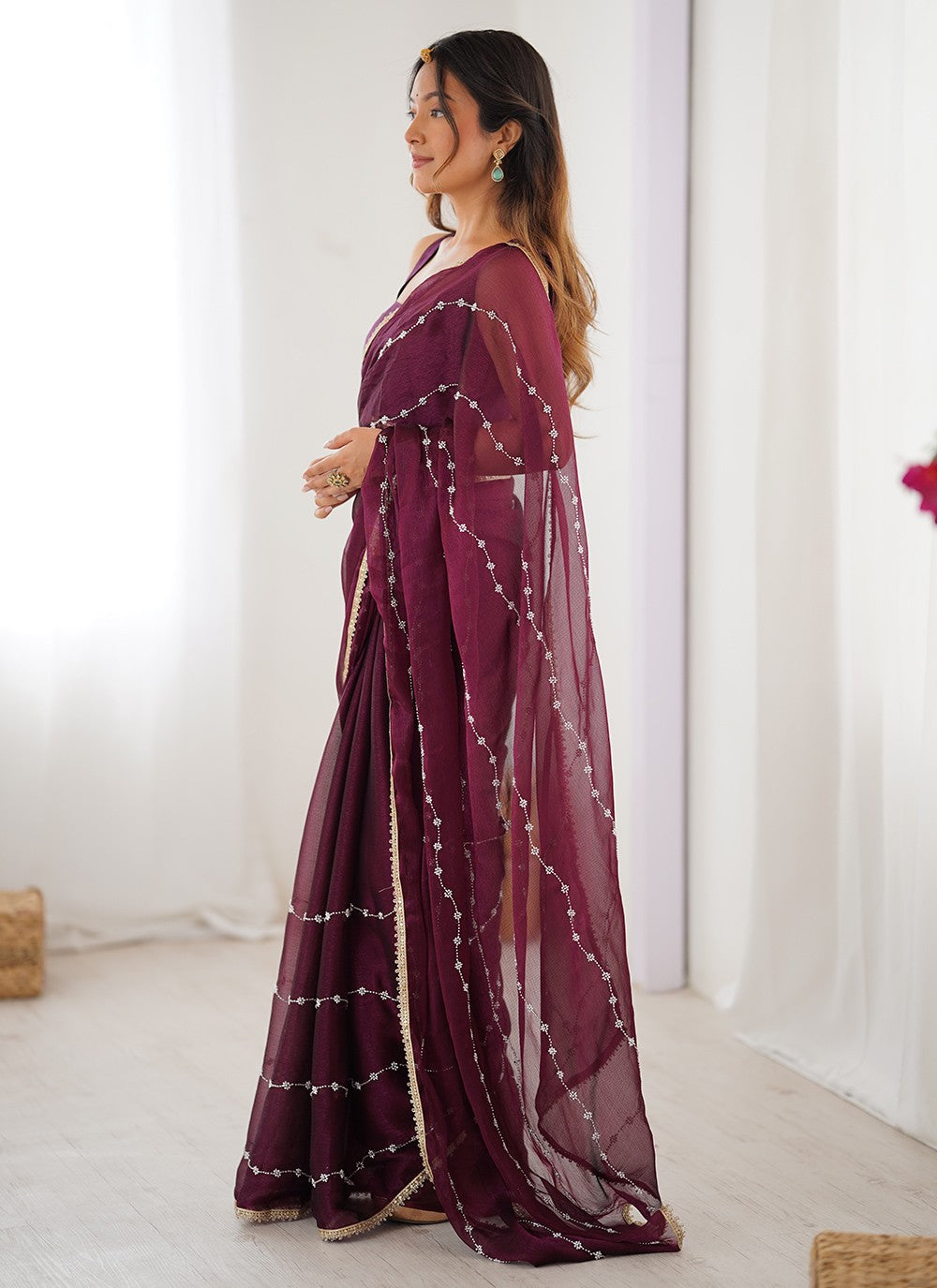 Wine Chiffon Classic Saree Beads, Lace, Moti S16285