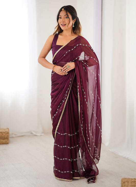 Wine Chiffon Classic Saree Beads, Lace, Moti S16285