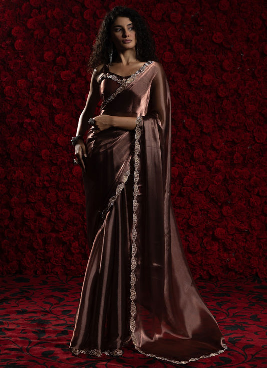 Pink Chiffon Classic Saree Hand Embroidery, Zircon S17797