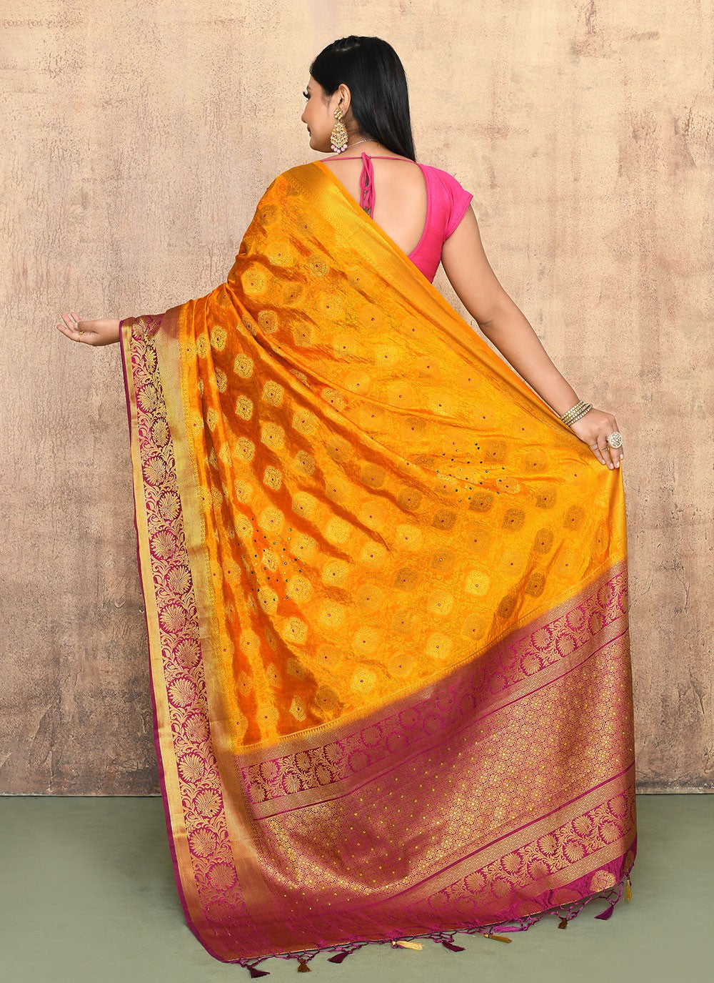 Classic Saree Hand Embroidery Mustard Kanjivaram Silk Saree S13142