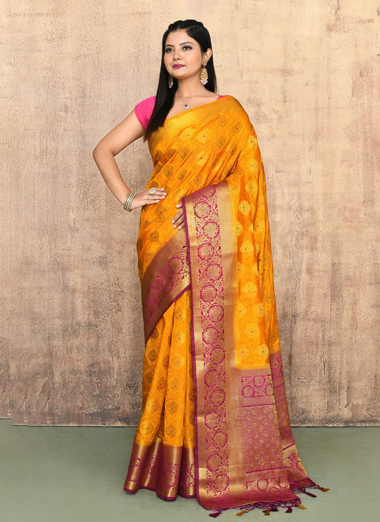 Classic Saree Hand Embroidery Mustard Kanjivaram Silk Saree S13142