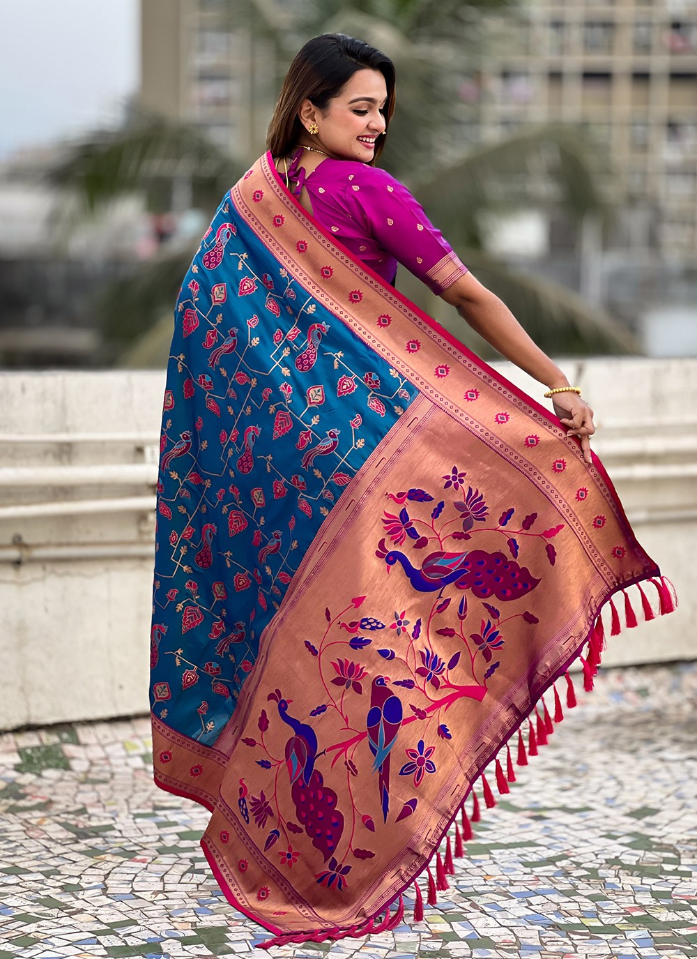 Meenakari Silk Firozi Saree S14758