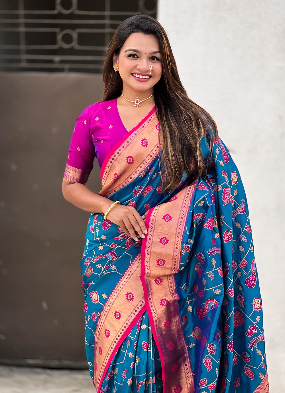 Meenakari Silk Firozi Saree S14758
