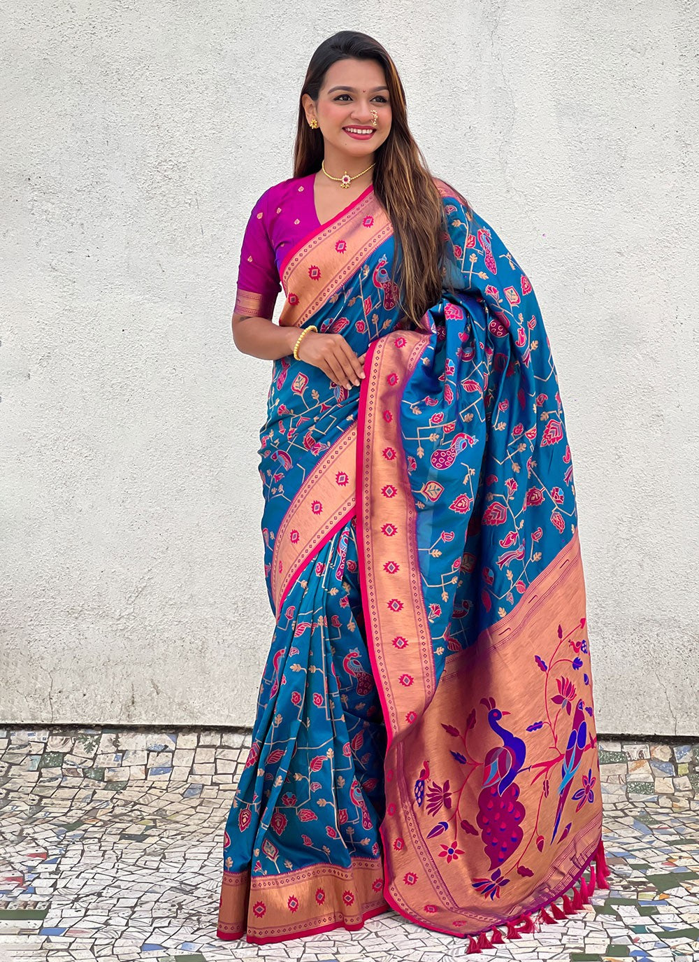 Meenakari Silk Firozi Saree S14758