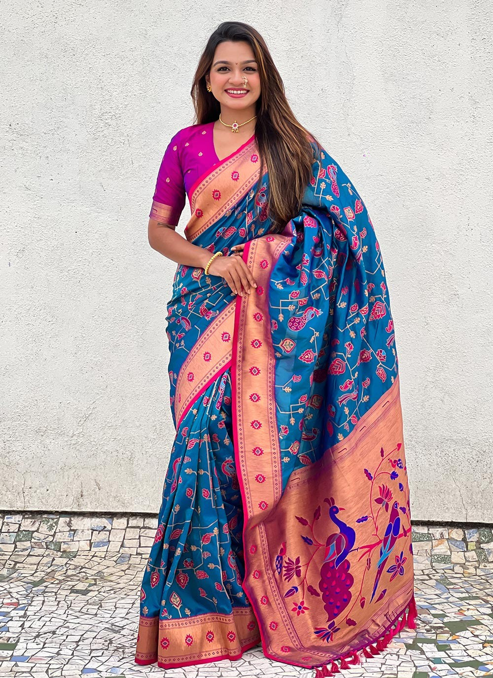Meenakari Silk Firozi Saree S14758