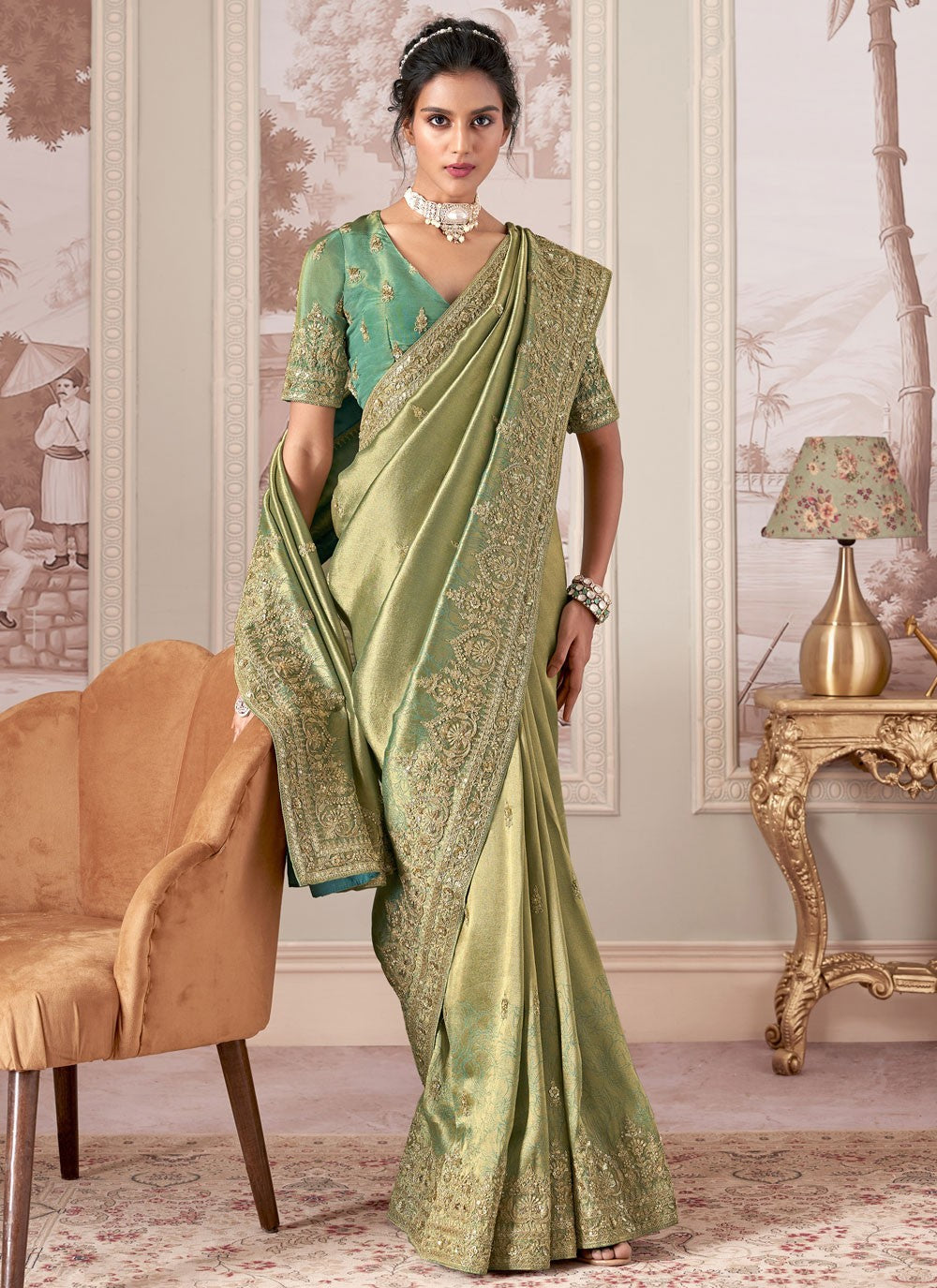 Green Jacquard Silk Classic Saree Buttis, Embroidered, Sequins, Stones, Zari S17439