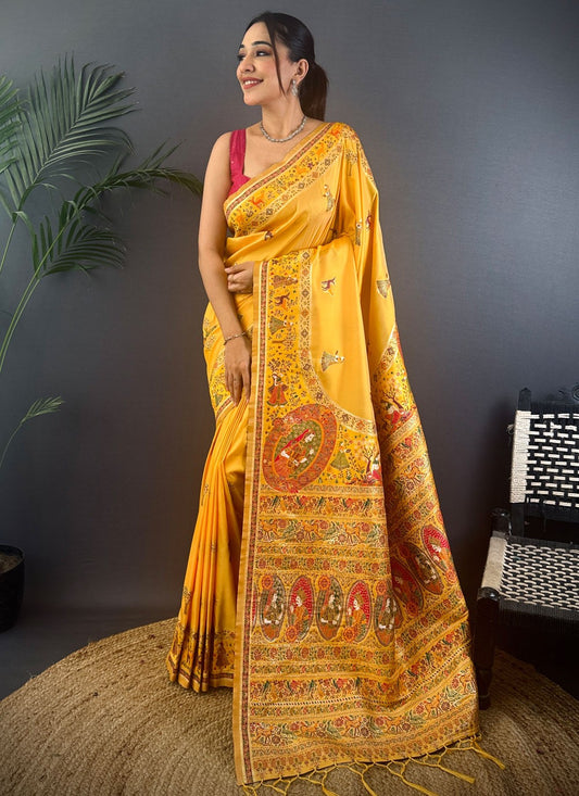 Yellow Pashmina Classic Saree Weaving Zari S17666