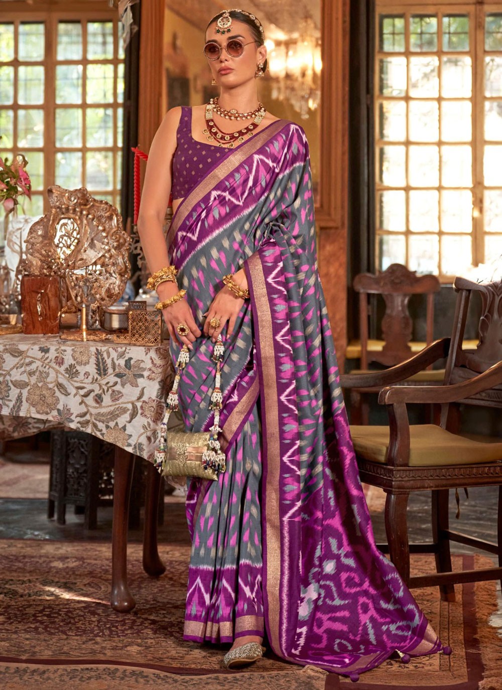 Geometric Print Silk Grey Classic Saree S14902