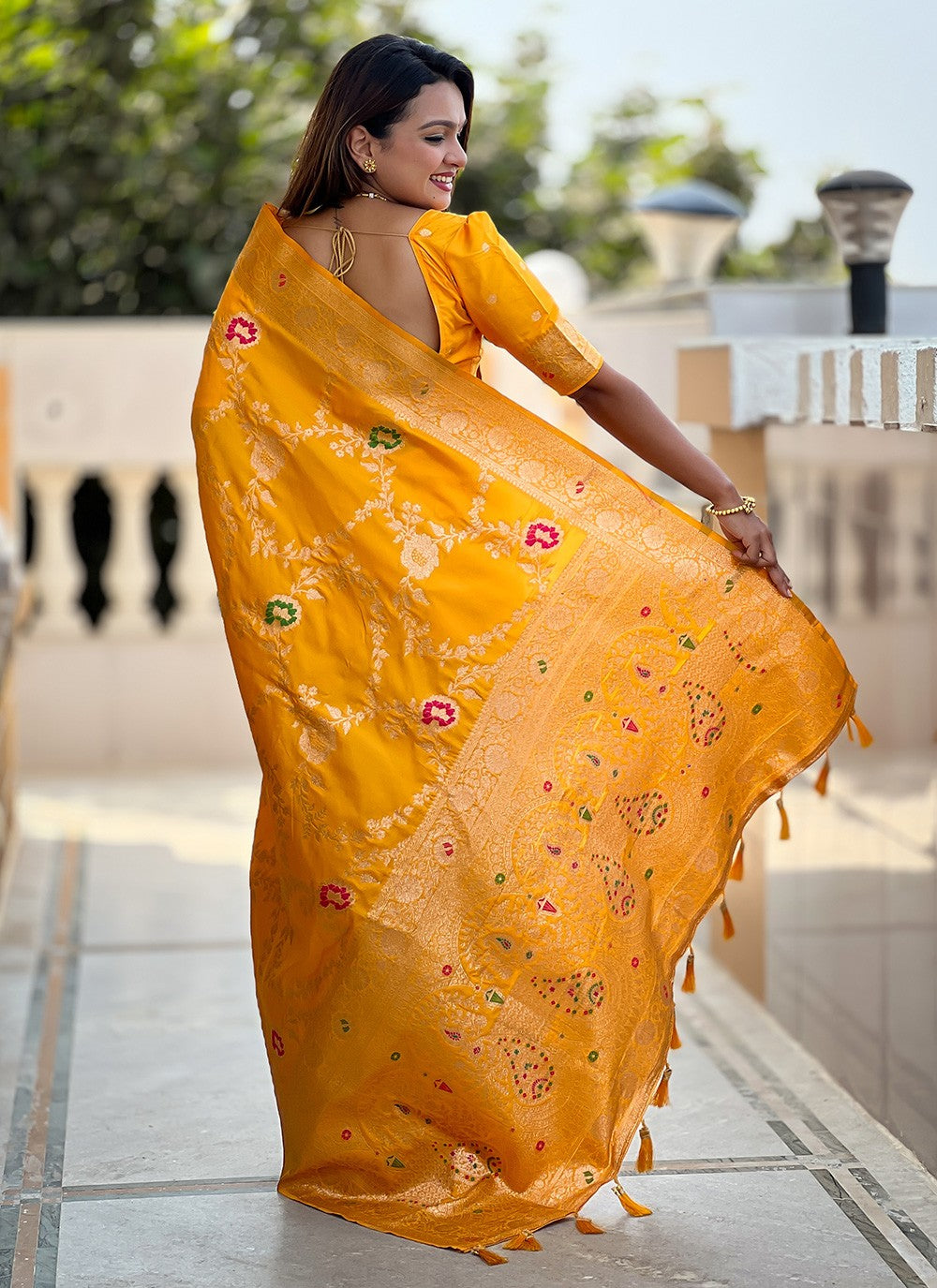 Yellow Banarasi Silk Classic Saree Meenakari S16334