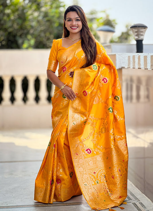 Yellow Banarasi Silk Classic Saree Meenakari S16334