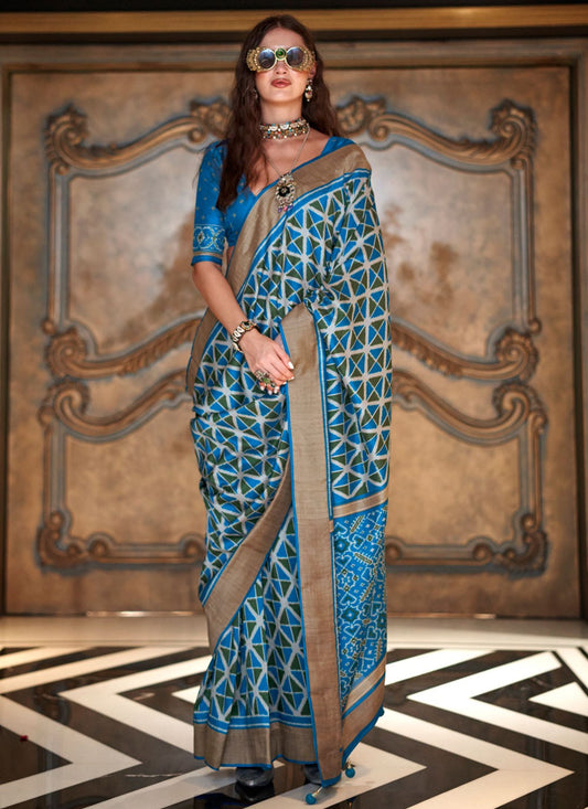 Aqua Blue Silk Classic Saree Printed S20352