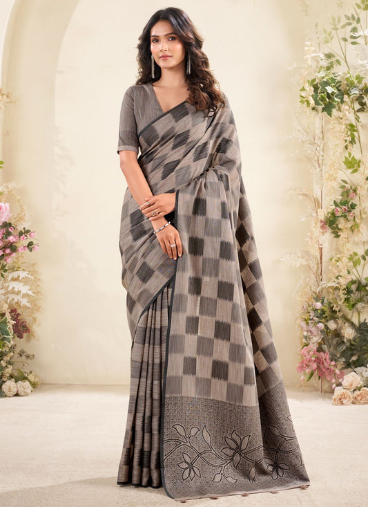Black Linen Classic Saree Checks, Printed S18835