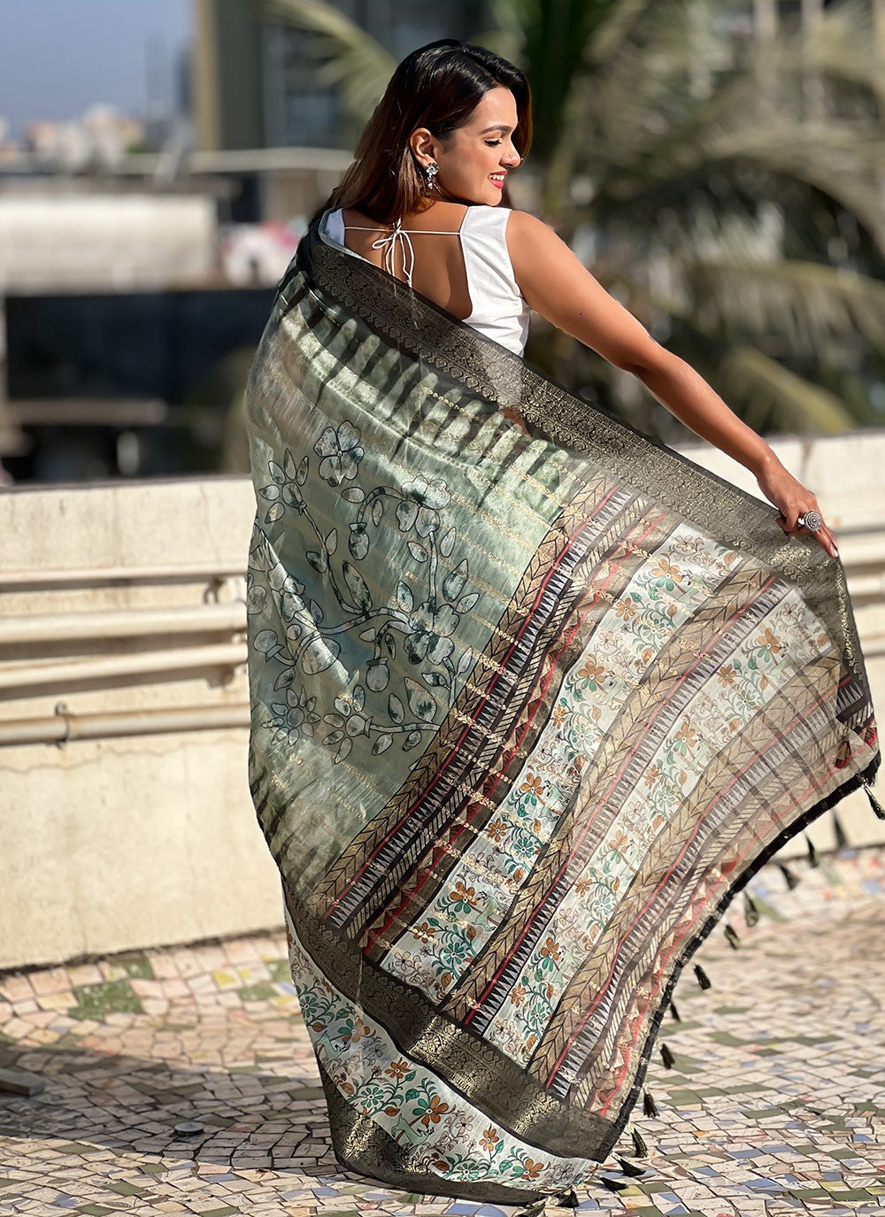 Printed Chanderi Green Saree S13886
