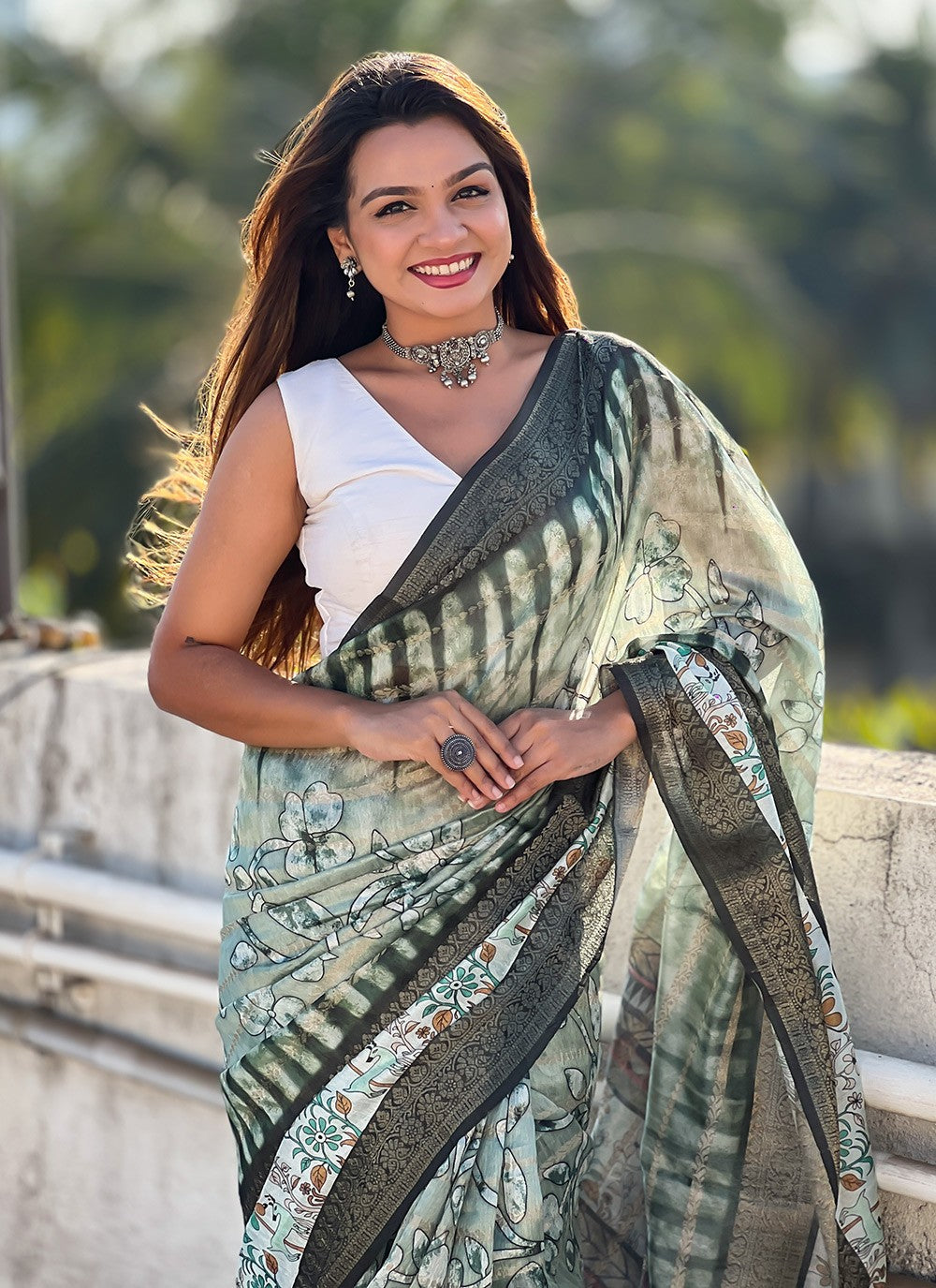 Printed Chanderi Green Saree S13886