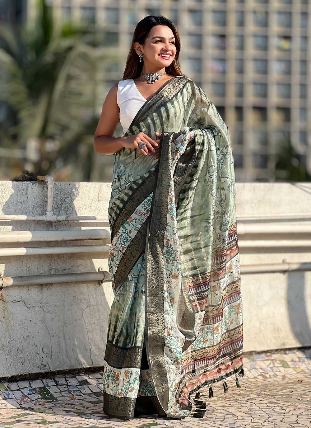 Printed Chanderi Green Saree S13886