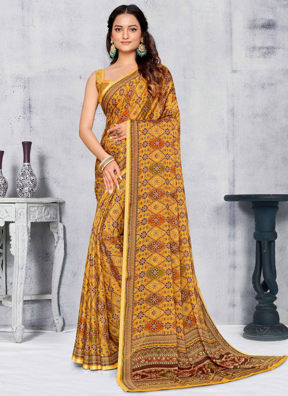Classic Saree Printed Mustard Pure Crepe Saree S12513