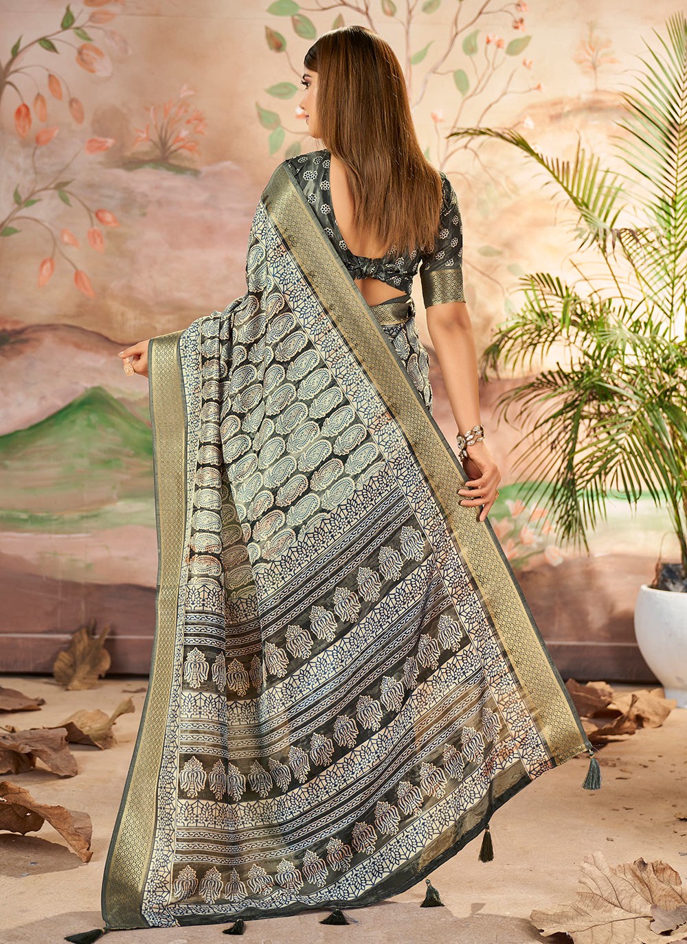 Printed Silk Grey Classic Saree S15376