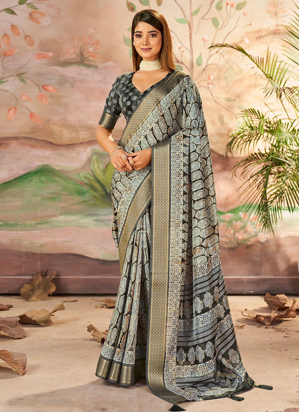 Printed Silk Grey Classic Saree S15376