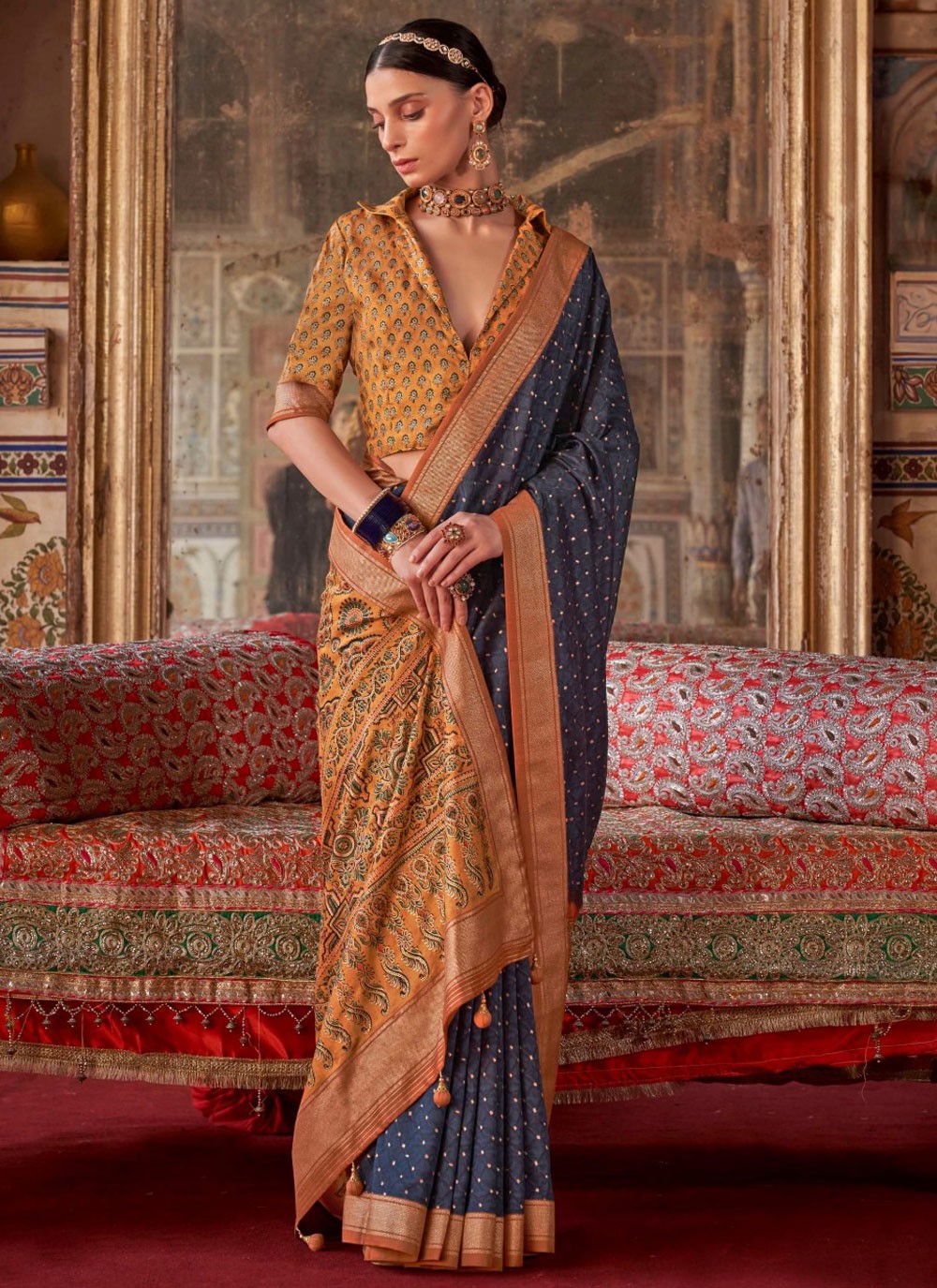 Classic Saree Printed Navy Blue Silk Saree S13693