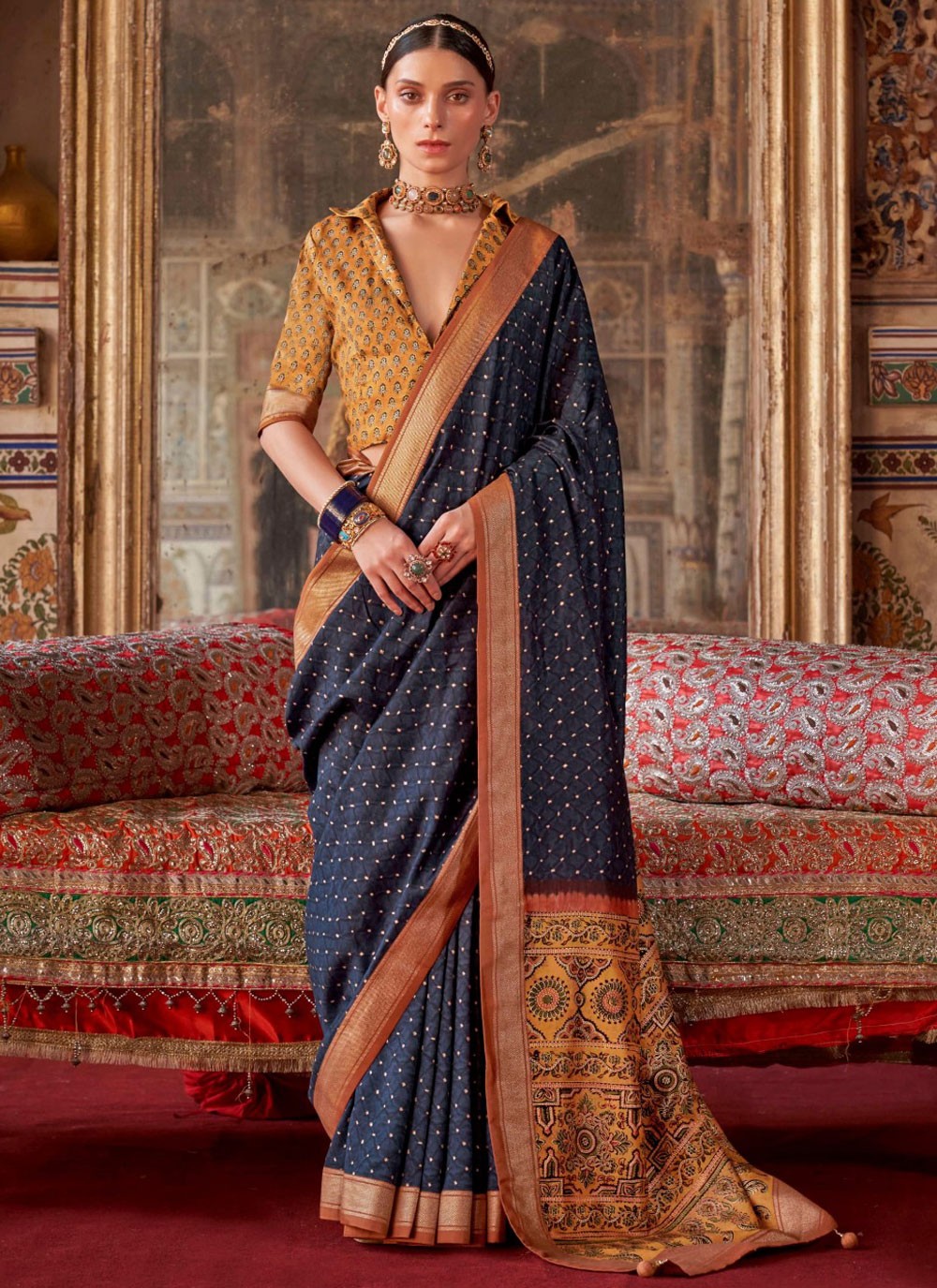 Classic Saree Printed Navy Blue Silk Saree S13693