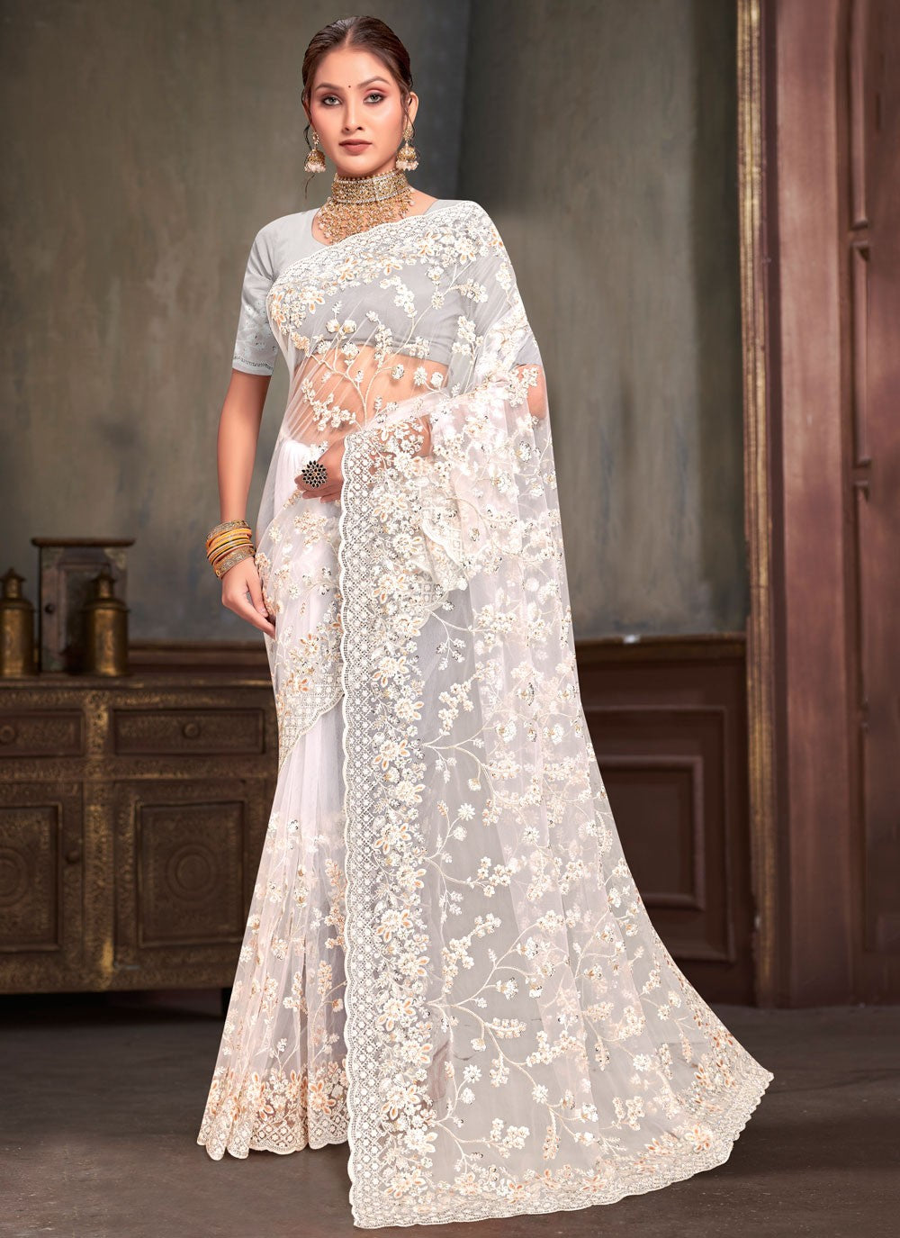 Classic Embroidered Net Saree - S7952