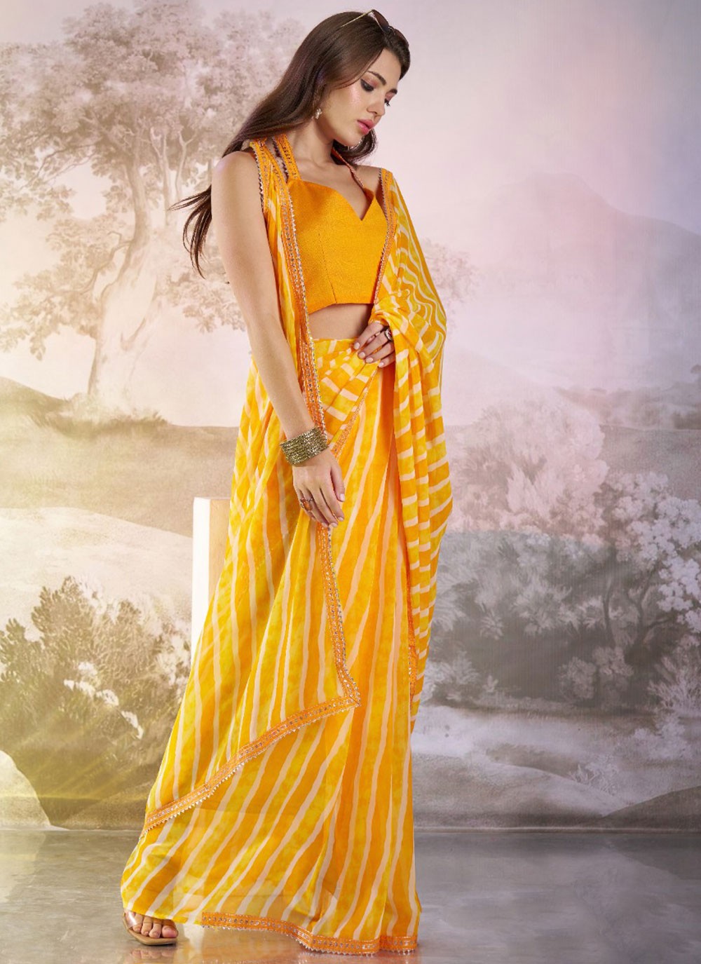 Lace Georgette Yellow Saree S13920