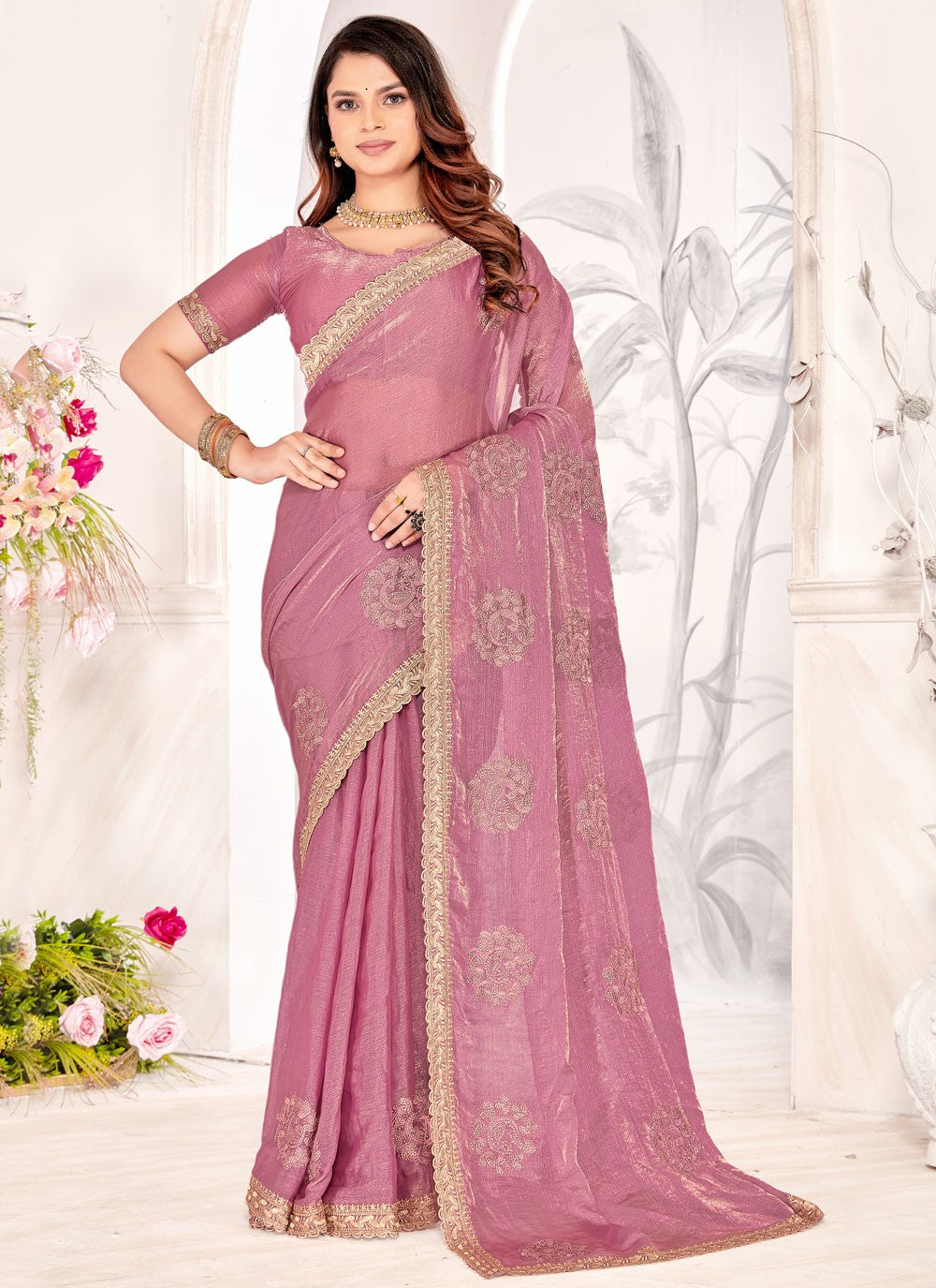 Pink Silk Classic Saree Embroidered, Resham, Swarovski, Zari S16112