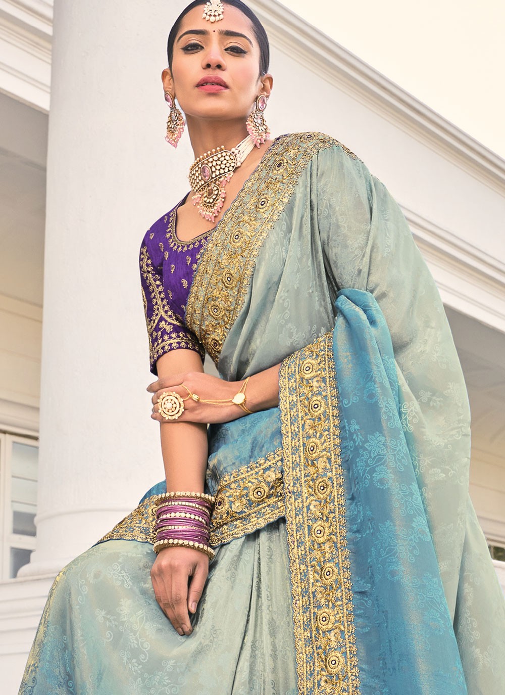 Cut Work Crepe Jacquard Aqua Blue Saree S14297