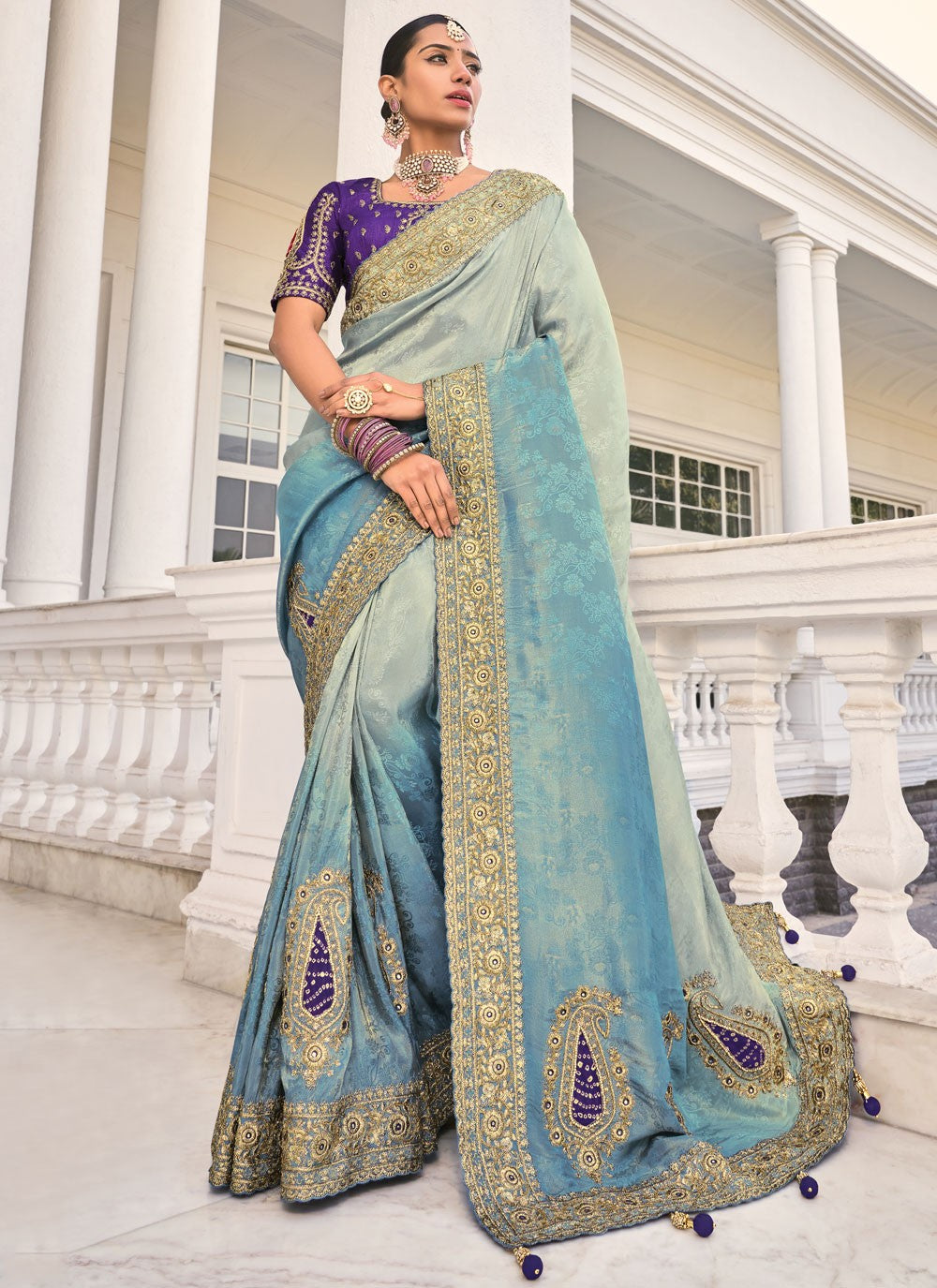 Cut Work Crepe Jacquard Aqua Blue Saree S14297