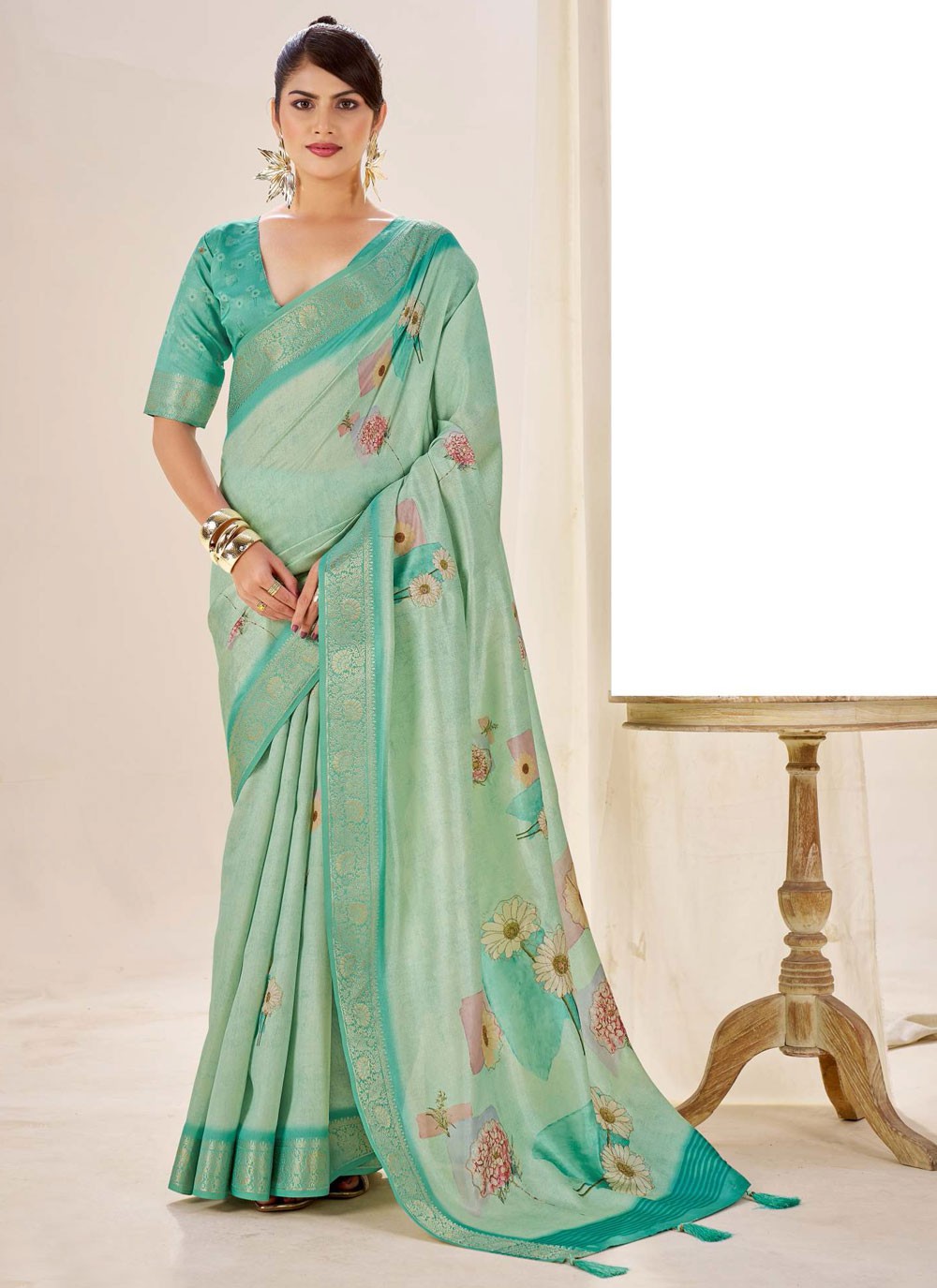 Turquoise Silk Classic Saree Border Work, Fancy Work, Printed, Weaving Zari S19072