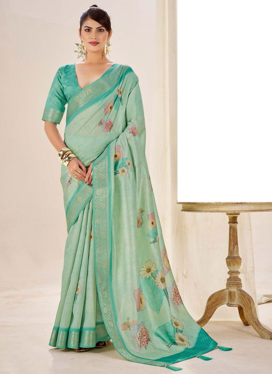 Turquoise Silk Classic Saree Border Work, Fancy Work, Printed, Weaving Zari S19072