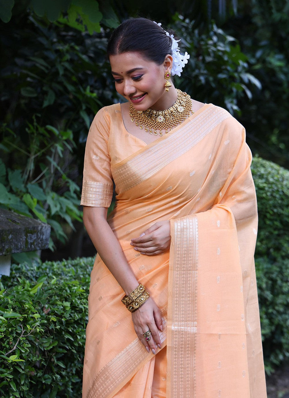 Weaving Zari Silk Peach Saree S14319