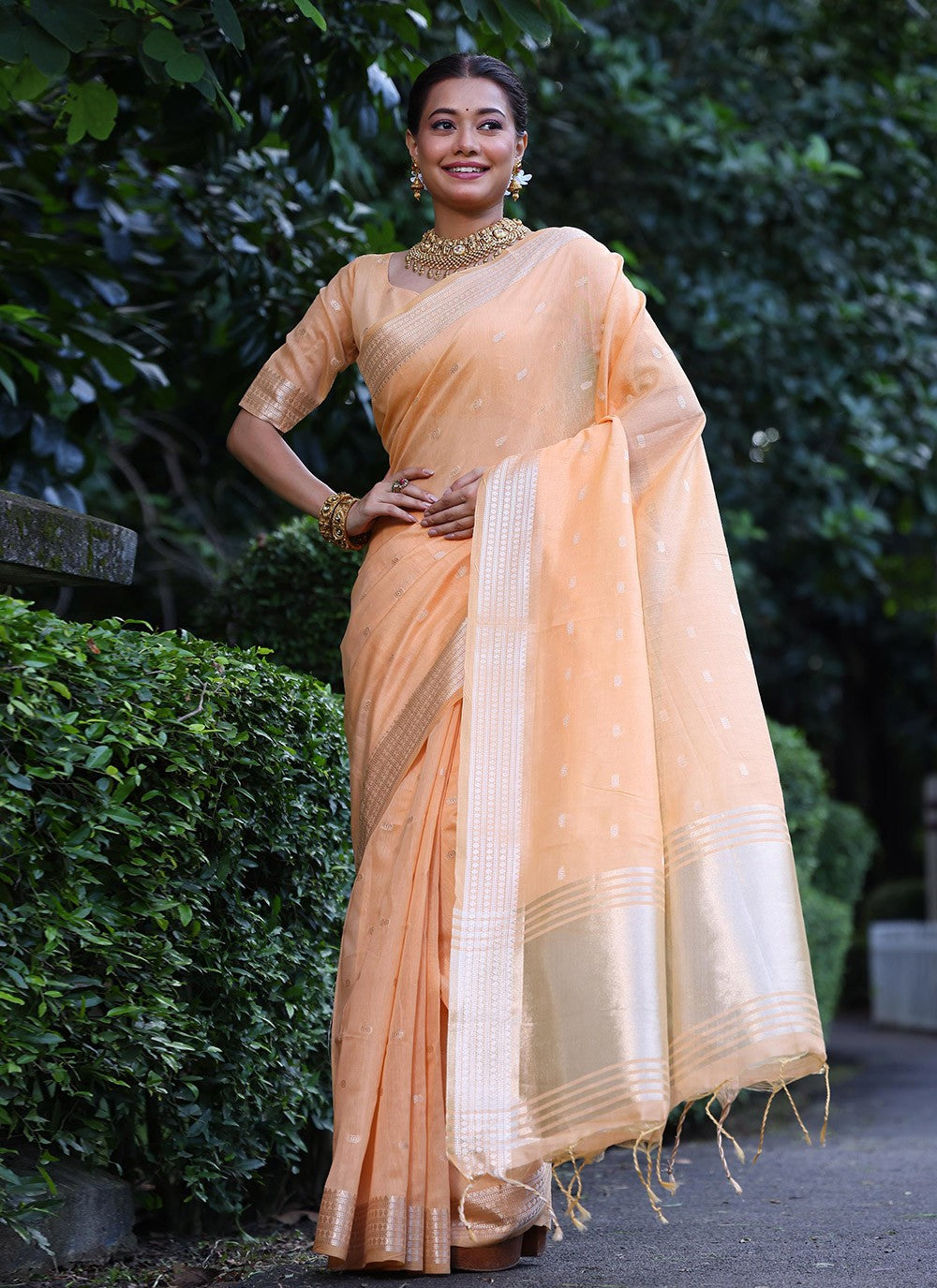 Weaving Zari Silk Peach Saree S14319