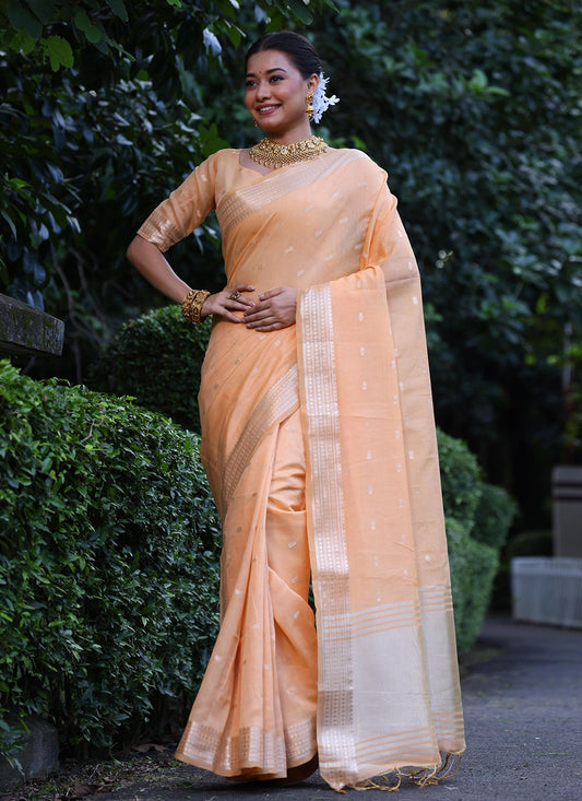 Weaving Zari Silk Peach Saree S14319