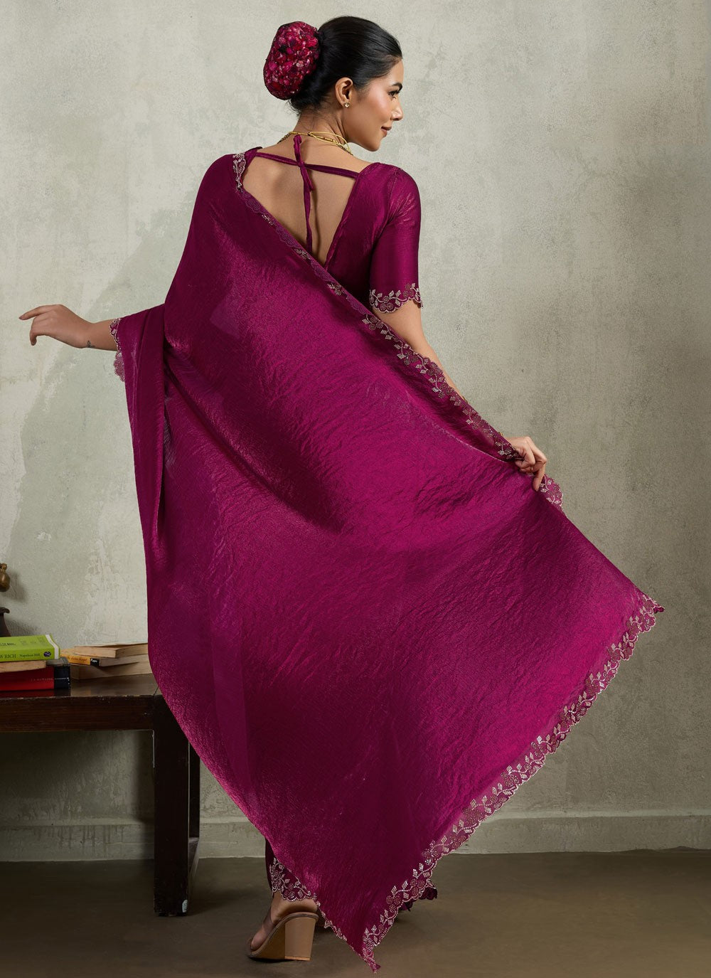 Purple Chiffon Classic Saree Border Work, Lace, Zircon S19543