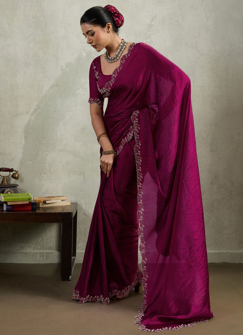 Purple Chiffon Classic Saree Border Work, Lace, Zircon S19543