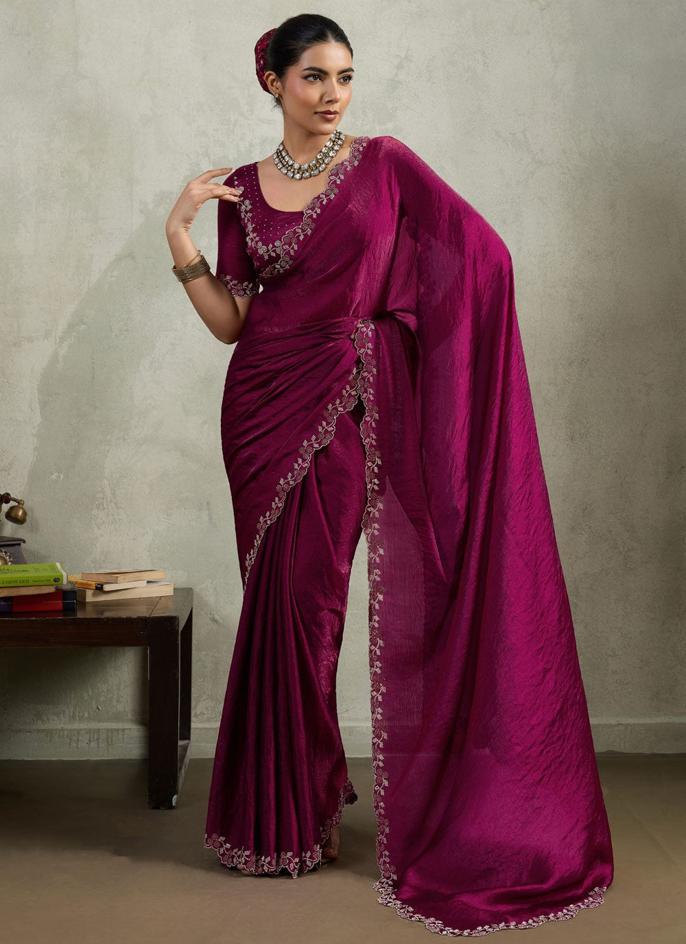 Purple Chiffon Classic Saree Border Work, Lace, Zircon S19543