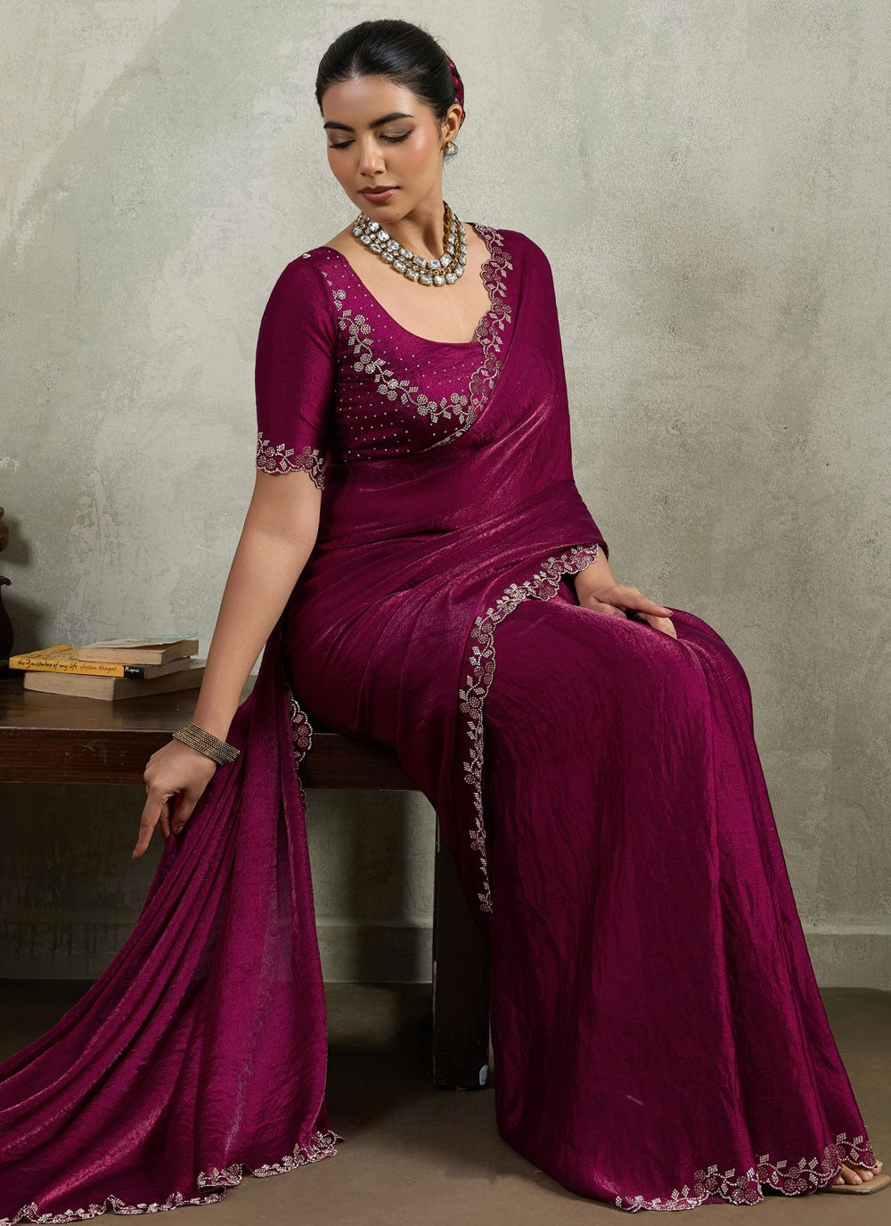 Purple Chiffon Classic Saree Border Work, Lace, Zircon S19543