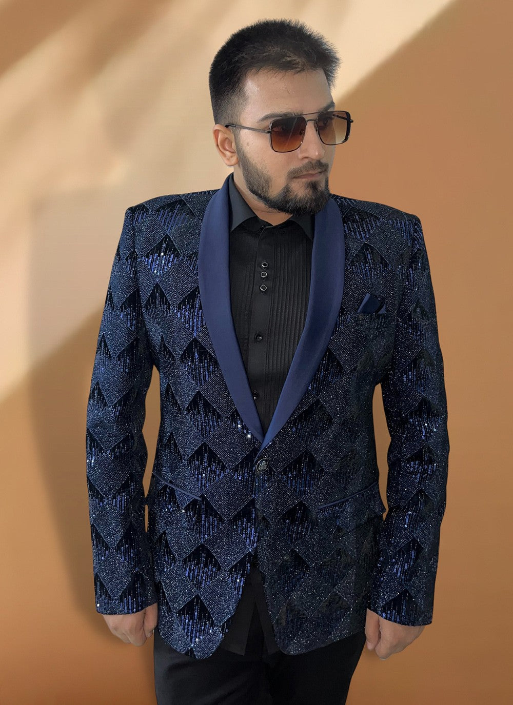 Embroidered Velvet Blue Coats & Blazers - M5579