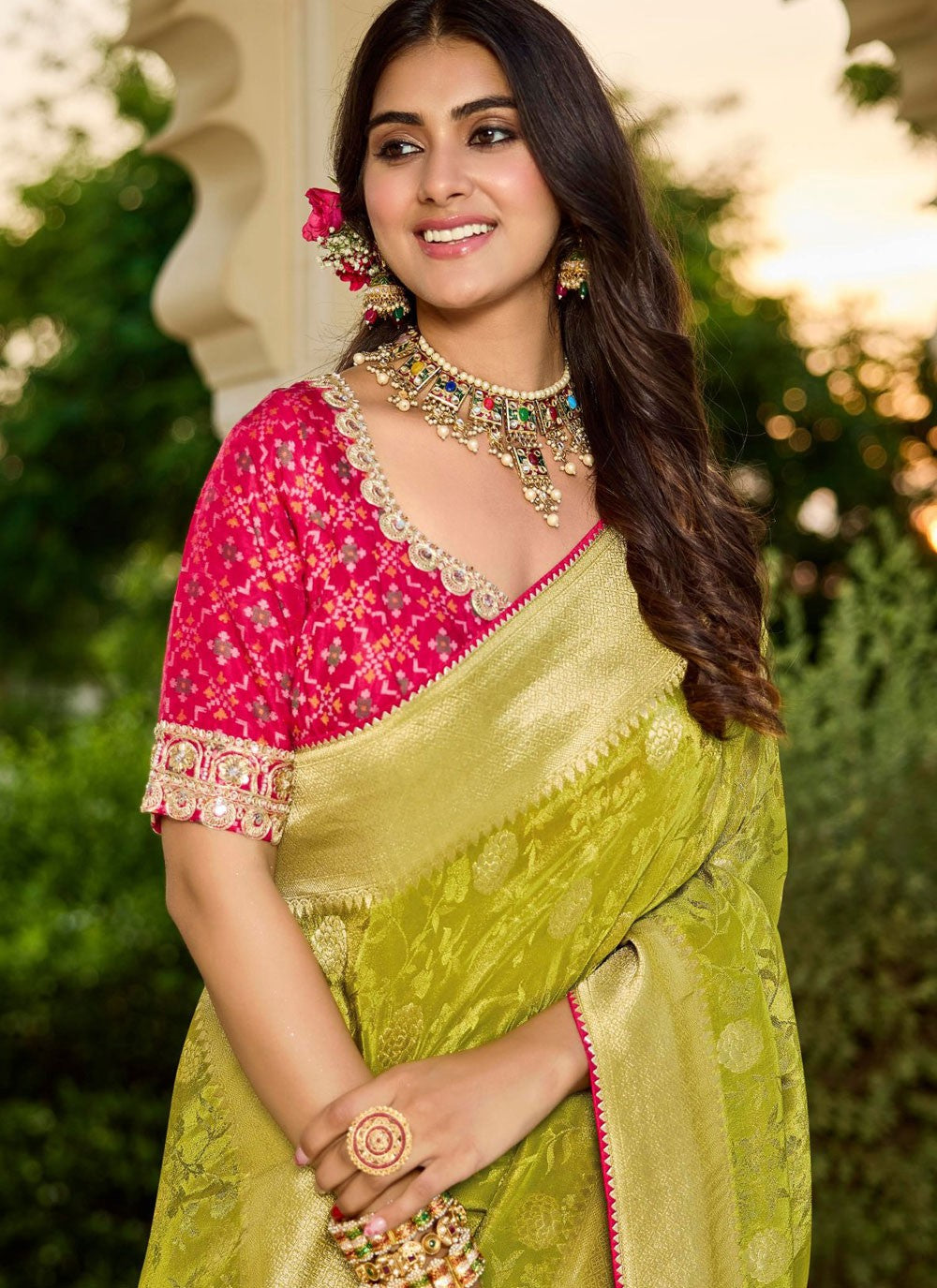 Green Tissue Contemporary Saree Beads S19766