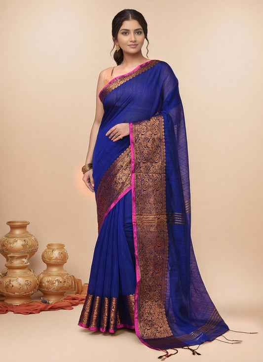 Navy Blue Blended Cotton Contemporary Saree Border Work S20015