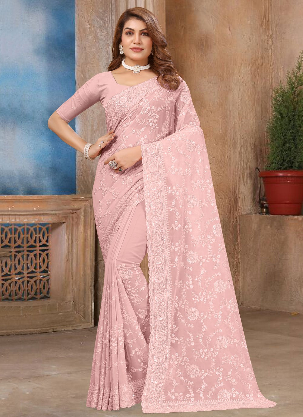 Cut Work Georgette Pink Contemporary Saree S15610