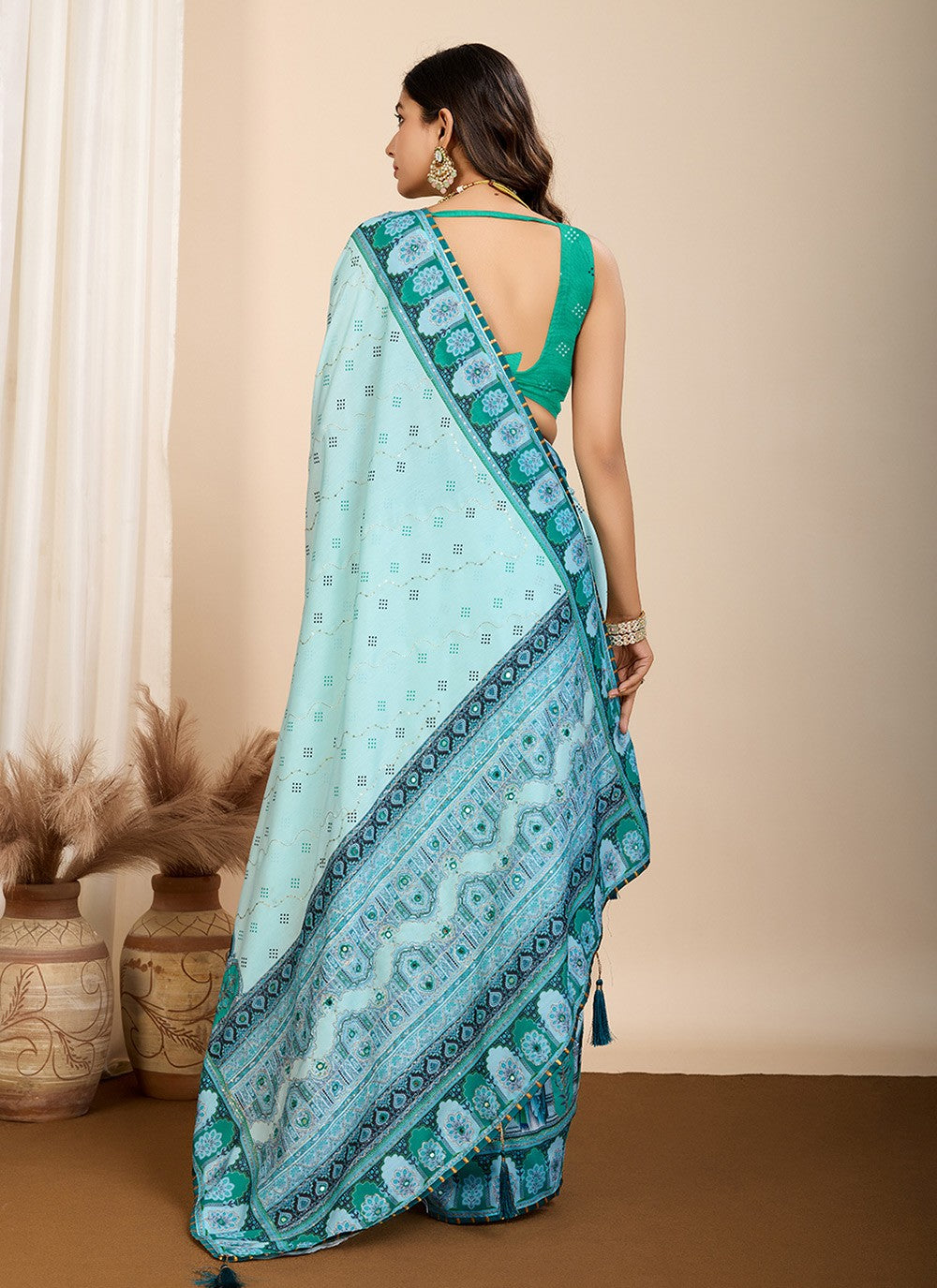Contemporary Digital Print Turquoise Cotton Saree S13481